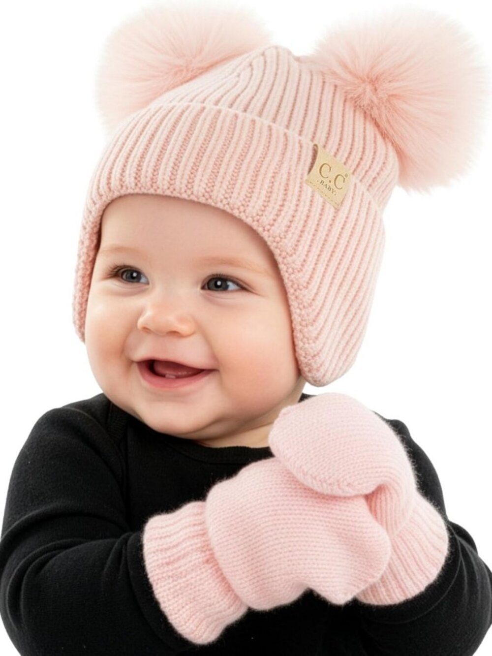 Cozy Double Faux Fur Pom Pom Beanie & Mittens Set for Newborns 0-9 Months